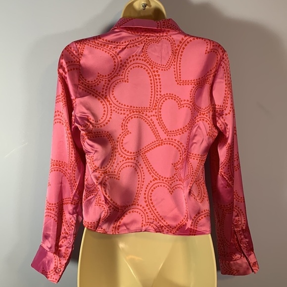 Bailey 44 size small satin button down shirt cropped front tie hearts pink red - Picture 3 of 14